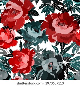 Vintage seamless pattern with colorful peonies for fabric design. Beautiful floral texture. Summer, spring background.	