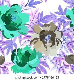 Vintage seamless pattern with colorful peonies for fabric design. Beautiful floral texture. Summer, spring background.	