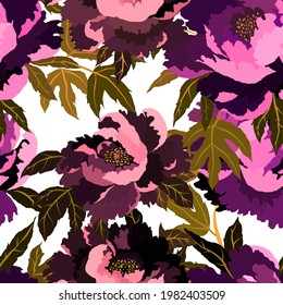 Vintage seamless pattern with colorful peonies for fabric design. Beautiful floral texture. Summer, spring background.	
