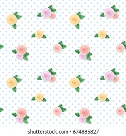 Vintage seamless pattern with colorful roses on polka dots background.