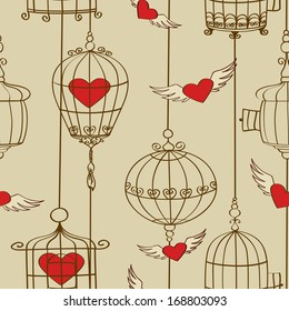 Vintage seamless pattern of concept love with hearts and cages