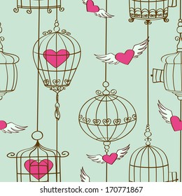 Vintage seamless pattern of concept love with hearts and cages