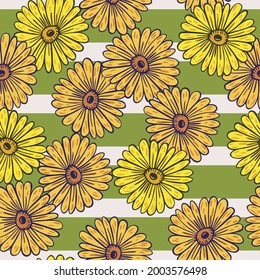 Patrón vintage sin fisuras con elementos de girasoles contorneados. Fondo de rayas verdes y grises. Ilustración vectorial para impresiones textiles estacionales, tela, carteles, telas de fondo y papel pintado.
