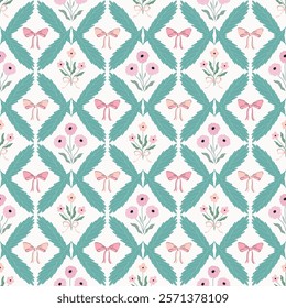 Vintage seamless pattern with coquette pink flowers and bows, elegant wallpaper, charming background 