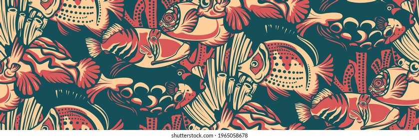 Vintage seamless pattern with coral reef, fish on a nautical theme. Ideal for textile printing, wallpaper and packaging