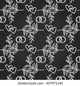 Vintage seamless pattern with couple of rings. Background for eco forest wedding or autumn celebrations. Floral rustic symbols and elements in chalkboard hand drawing style.