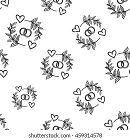 Vintage seamless pattern with couple of rings. Background for eco forest wedding or autumn celebrations. Black floral rustic symbols and elements on white hand drawing style.