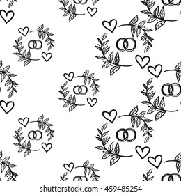 Vintage seamless pattern with couple of rings. Background for eco forest wedding or autumn celebrations. Black floral rustic symbols and elements on white hand drawing style.