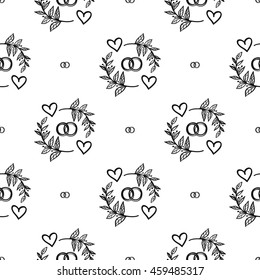 Vintage seamless pattern with couple of rings and couple rings. Background for eco forest wedding or autumn celebrations. Black floral rustic symbols and elements on white hand drawing style.