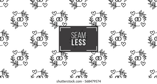 Vintage seamless pattern with couple of rings. Background for eco forest wedding or autumn celebrations. Black floral rustic symbols and elements on white hand drawing style.