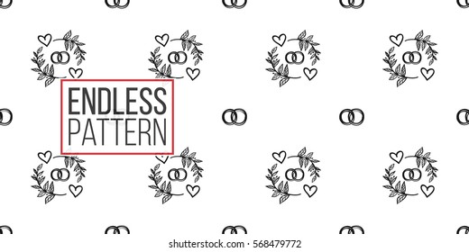 Vintage seamless pattern with couple of rings and couple rings. Background for eco forest wedding or autumn celebrations. Black floral rustic symbols and elements on white hand drawing style.