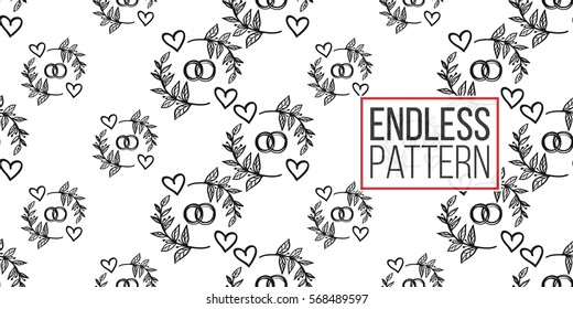 Vintage seamless pattern with couple of rings. Background for eco forest wedding or autumn celebrations. Black floral rustic symbols and elements on white hand drawing style.
