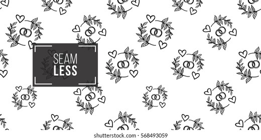 Vintage seamless pattern with couple of rings. Background for eco forest wedding or autumn celebrations. Black floral rustic symbols and elements on white hand drawing style.