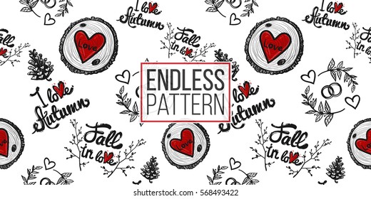 Vintage seamless pattern with couple of rings, round wood piece with red heart. Background for eco forest wedding or autumn celebrations. Black floral rustic symbols on white.