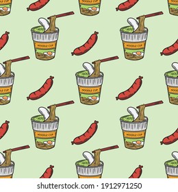 vintage seamless pattern of cup noodles with sausage