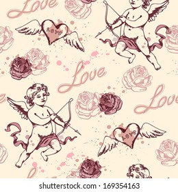 Vintage seamless pattern with Cupid for Valentine's day. Romantic Valentine pattern in retro style. 