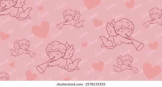 Vintage seamless pattern with Cupid for Valentine's day. Romantic Valentine pattern in retro style.
