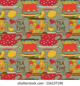 Vintage seamless pattern with cups, lemons and  hearts - vector