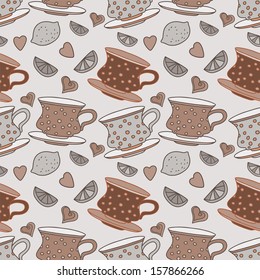 Vintage seamless pattern with cups, lemons and  hearts - vector