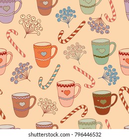 
Vintage seamless pattern with cups, lollipops and berries vector illustration