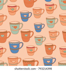 Vintage seamless pattern with cups on an orange background vector illustration
