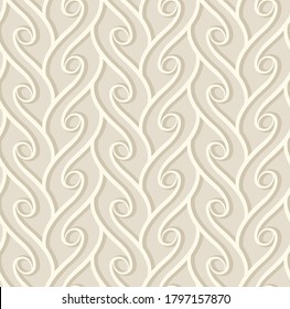 Vintage seamless pattern with curly lines, ornamental vector background in subtle beige colors