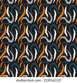 Vintage seamless pattern. Curved white, gray, azure, orange abstract shapes with torn edges lined up in a certain order on a black background. Vector.
