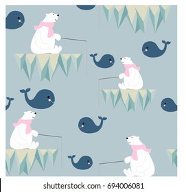 Vintage seamless pattern cute adorable ice polar bear and fishing sea whale at the iceberg vector background illustration by hand draw doodle cartoon comic style,invitation card