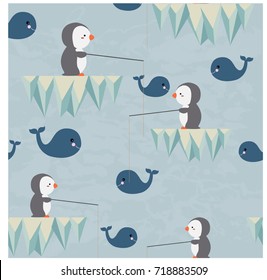 Vintage seamless pattern cute adorable baby penguin and fishing sea whale at the iceberg vector background illustration by hand draw doodle cartoon comic style,invitation card