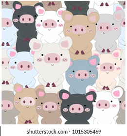 Vintage seamless pattern cute baby pig blue grey pastel cartoon background vector by freehand draw doodle comic art illustration,for card background