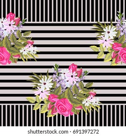 Vintage seamless pattern with cute bouquets of roses on a striped background .. Handdrawn floral background for textile, cover, wallpaper, gift packaging, printing.Romantic design for calico, silk.