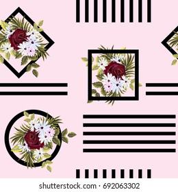 Vintage seamless pattern with cute bouquets of roses on  geometric background. Handdrawn floral background for textile, cover, wallpaper, gift packaging, decoupage.Romantic design for calico, silk.