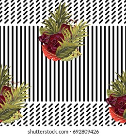 Vintage seamless pattern with cute bouquets of roses on  striped background. Handdrawn floral background for textile, cover, wallpaper, gift packaging, printing.Romantic design for calico, silk.