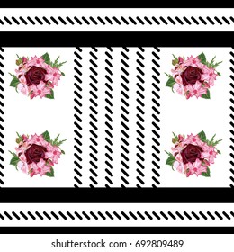 Vintage seamless pattern with cute bouquets of roses on  striped background. Handdrawn floral background for textile, cover, wallpaper, gift packaging, printing.Romantic design for calico, silk.