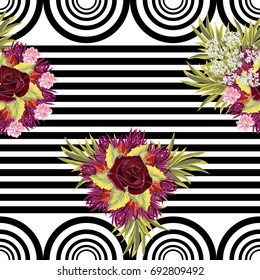 Vintage seamless pattern with cute bouquets of roses on  striped background. Handdrawn floral background for textile, cover, wallpaper, gift packaging, printing.Romantic design for calico, silk.