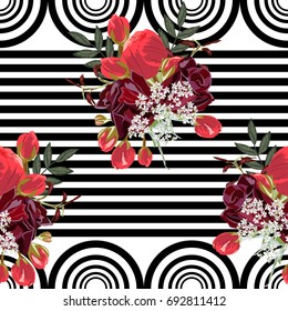 Vintage seamless pattern with cute bouquets of roses on  striped background. Handdrawn floral background for textile, cover, wallpaper, gift packaging, printing.Romantic design for calico, silk.