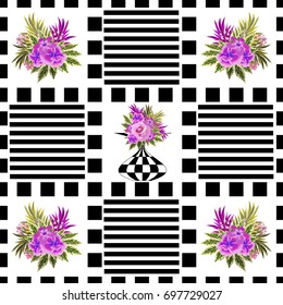 Vintage seamless pattern with cute bouquets of flowers and geometric ornaments. Handdrawn floral background for textile, cover, wallpaper, gift packaging, decoupage.Romantic design for calico, silk.