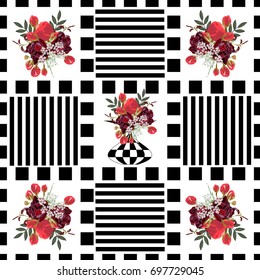 Vintage seamless pattern with cute bouquets of flowers and geometric ornaments. Handdrawn floral background for textile, cover, wallpaper, gift packaging, decoupage.Romantic design for calico, silk.