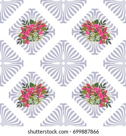 Vintage seamless pattern with cute bouquets of roses and geometric ornaments. Handdrawn floral background for textile, cover, wallpaper, gift packaging, decoupage.Romantic design for calico, silk.