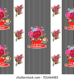 Vintage seamless pattern with cute bouquets of roses on a striped background .Hand-drawn floral background for textile, cover, wallpaper, gift packaging, printing.Romantic design for calico, silk.
