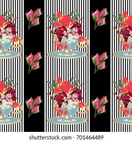 Vintage seamless pattern with cute bouquets of roses on a striped background .Hand-drawn floral background for textile, cover, wallpaper, gift packaging, printing.Romantic design for calico, silk.