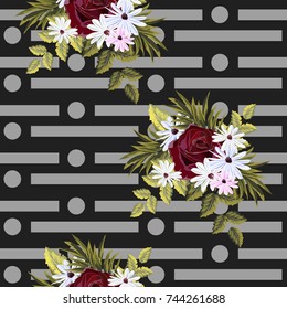Vintage seamless pattern with cute bouquets of roses on geometric background. Hand-drawn floral background for textile, cover, wallpaper, gift packaging, decoupage.Romantic design for calico, silk.