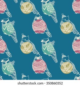Vintage seamless pattern with cute color bird jay on separate layers background