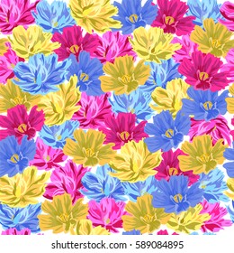 Vintage seamless pattern with cute colorful flowers. Hand-drawn floral background for textile, cover, wallpaper, gift packaging, printing, scrapbooking. Romantic design.