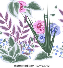 Vintage seamless pattern with cute delicate flowers and fresh sprigs. Hand-drawn floral background for textile, cover, wallpaper, gift packaging, printing.Romantic design for calico.