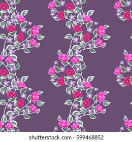 Vintage seamless pattern with cute delicate flowers and fresh sprigs. Hand-drawn floral background for textile, cover, wallpaper, gift packaging, printing.Romantic design for calico.