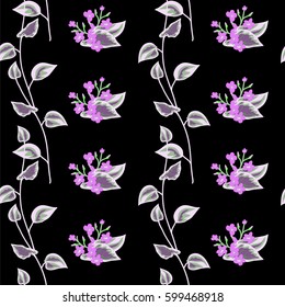 Vintage seamless pattern with cute delicate flowers and fresh sprigs. Hand-drawn floral background for textile, cover, wallpaper, gift packaging, printing.Romantic design for calico.