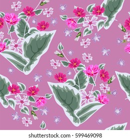Vintage seamless pattern with cute delicate flowers and fresh sprigs. Hand-drawn floral background for textile, cover, wallpaper, gift packaging, printing.Romantic design for calico.