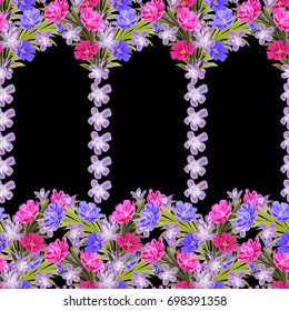 Vintage seamless pattern with cute delicate flowers and fresh sprigs. Hand-drawn floral background for textile, cover, wallpaper, gift packaging, printing.Romantic design for calico.