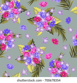 Vintage seamless pattern with cute delicate flowers and fresh sprigs. Hand-drawn floral background for textile, cover, wallpaper, gift packaging, printing.Romantic design for calico.